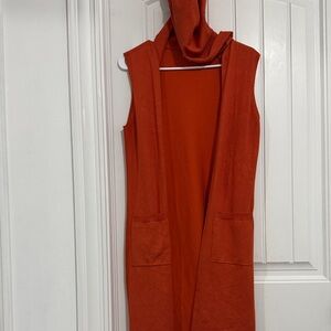 Cyrus women’s Orange long Cardigan Vest with Hood and front pockets